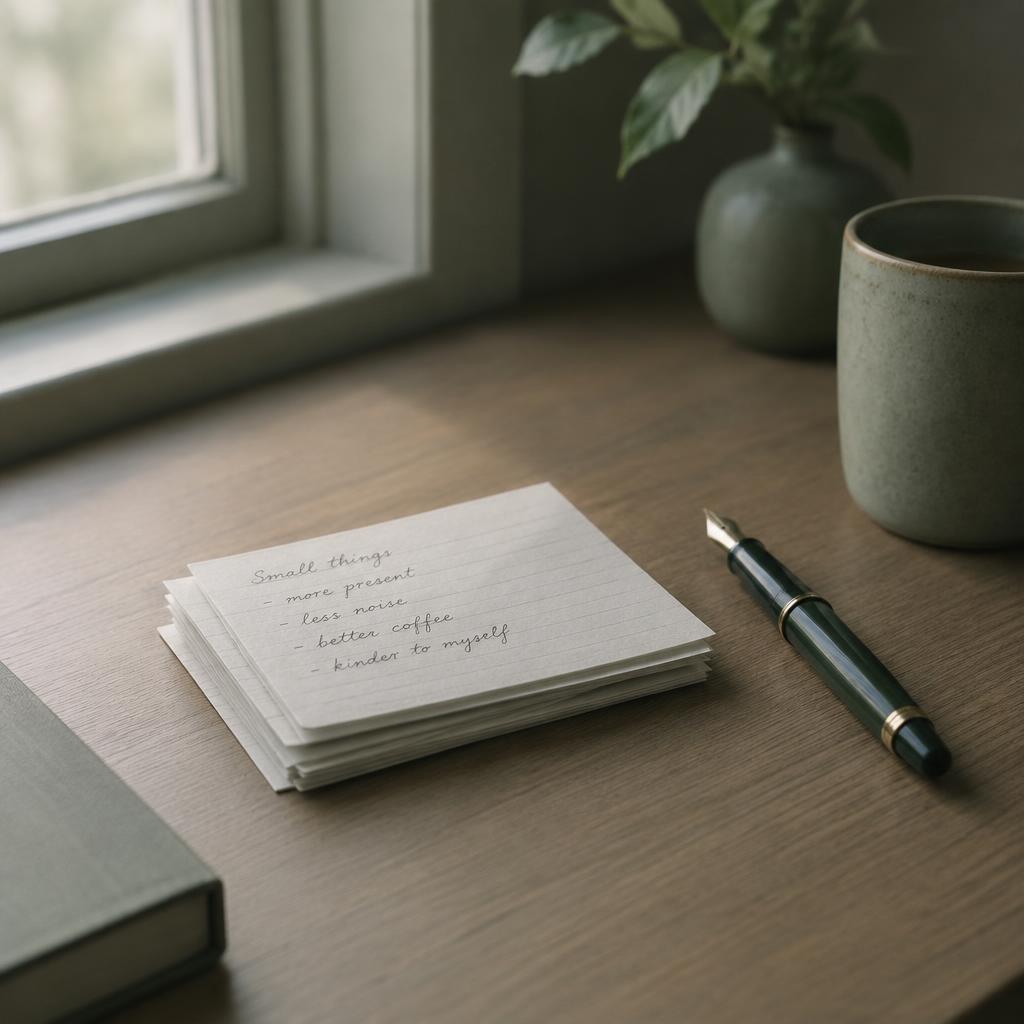 Handwritten index cards stacked on a quiet desk