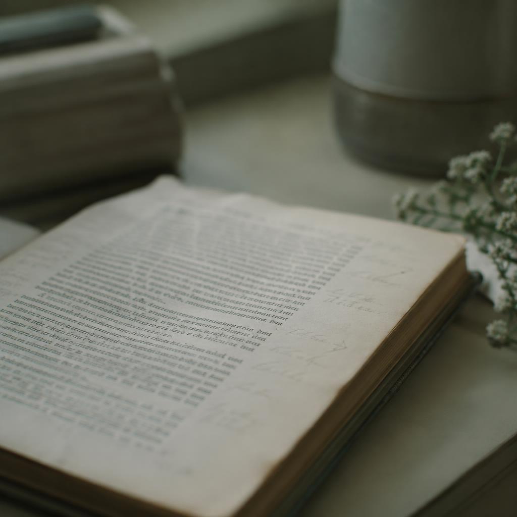 A worn book page with pencil margin notes in morning light